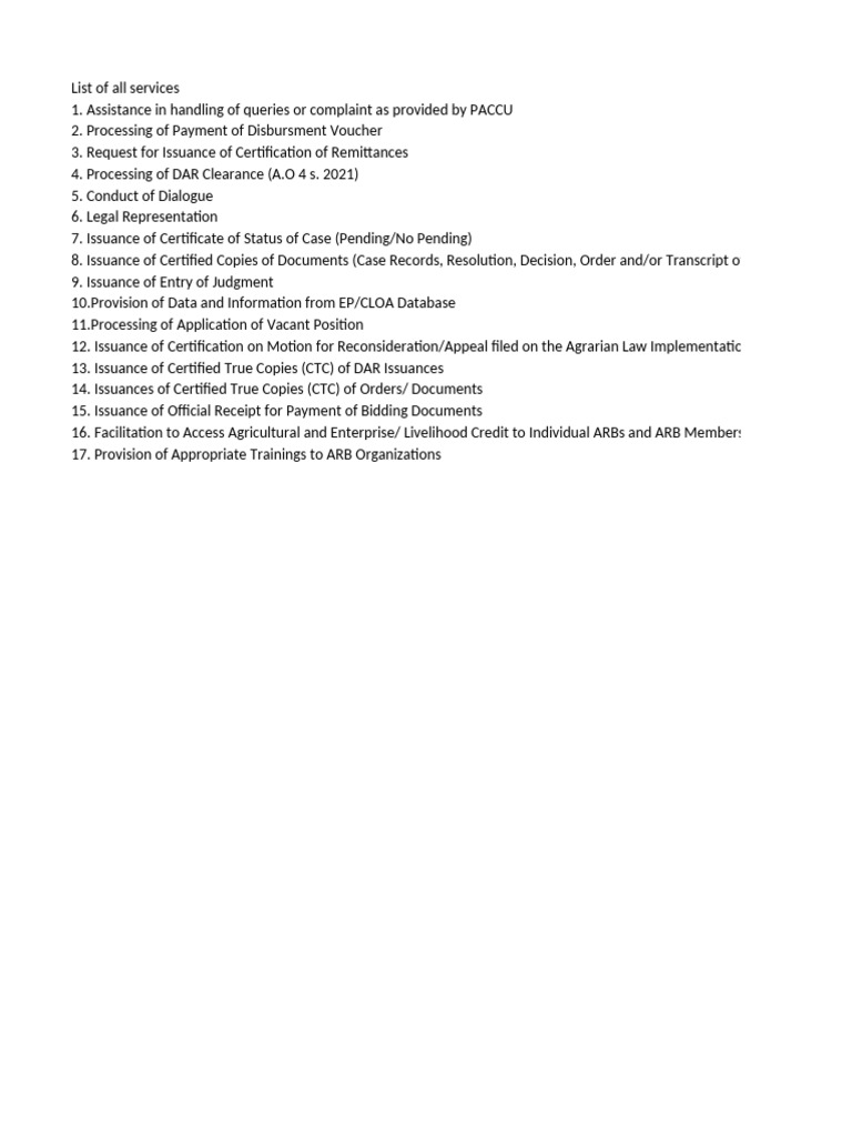 Comprehensive List of PACCU Services | PDF