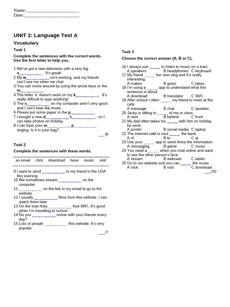 Language Test A: Vocabulary & Grammar | PDF | Linguistics | Human ...