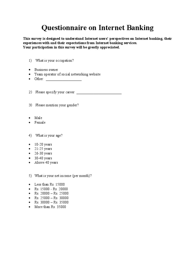Questionnaire On Internet Banking | PDF
