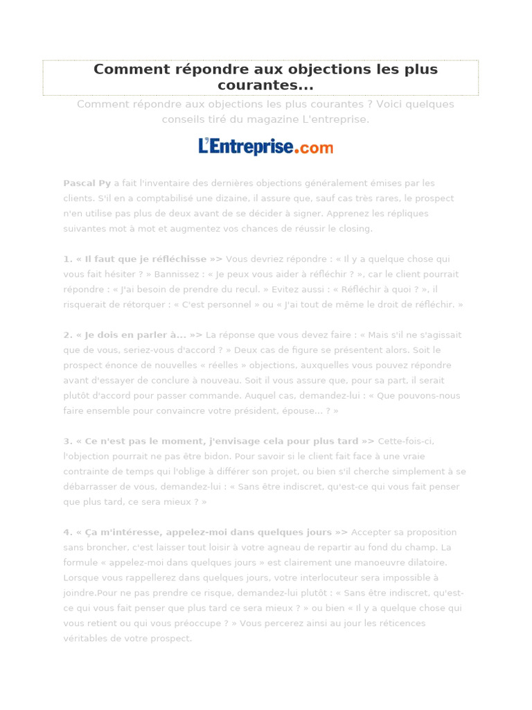 Réponses efficaces aux objections clients | PDF