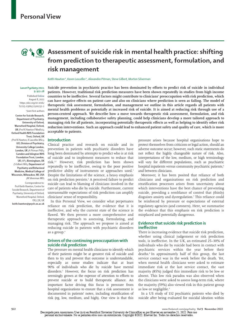 Therapeutic Suicide Risk Assessment | PDF | Risk | Suicide