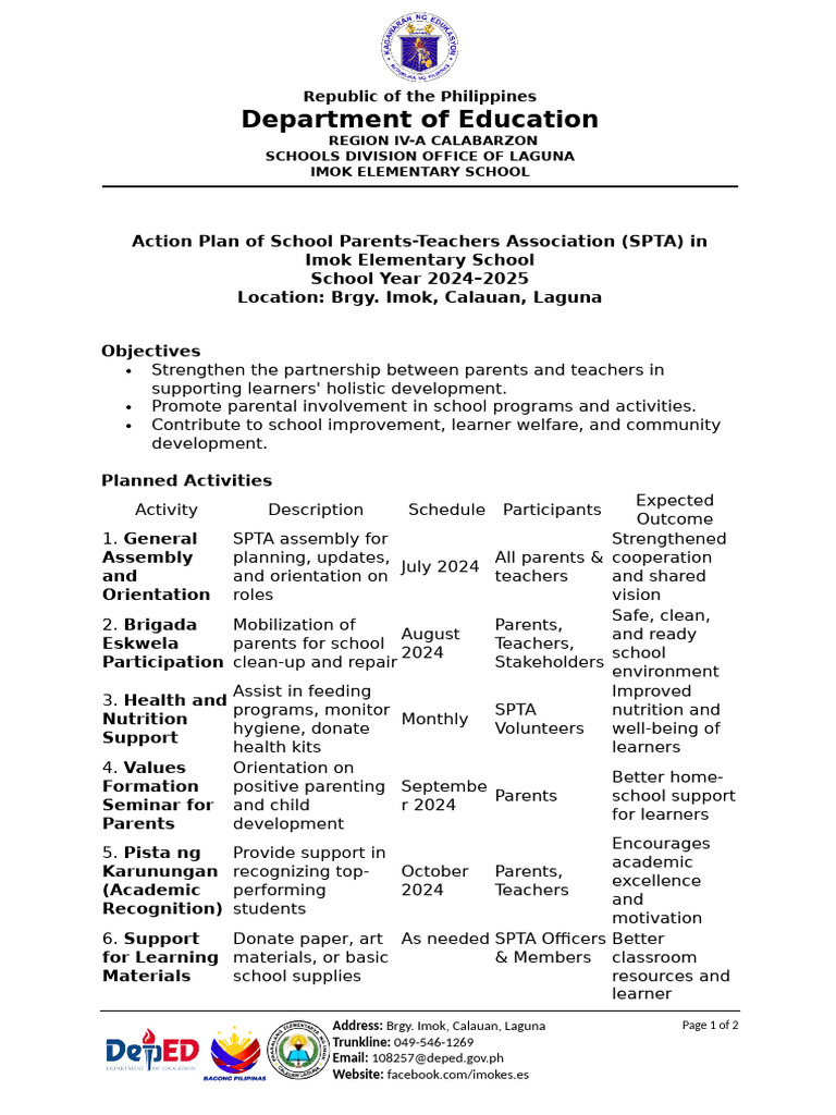 SPTA Action Plan for Imok Elementary | PDF | Teachers | Learning