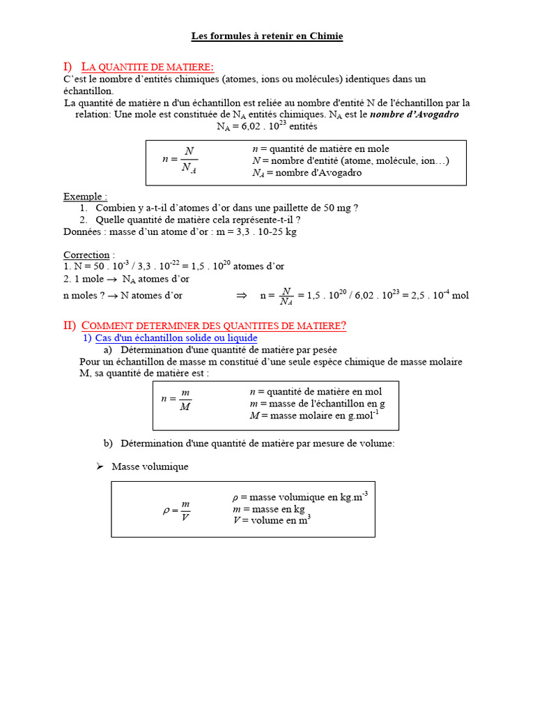 Formules essentielles en chimie | PDF | Concentration molaire | Densité