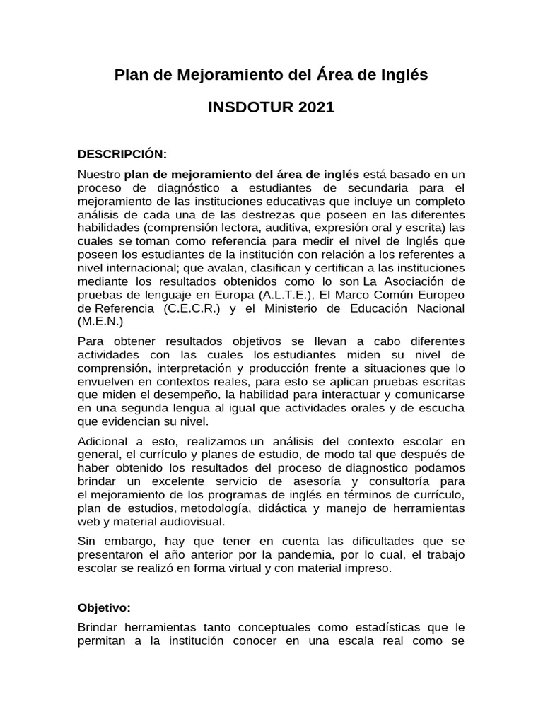 Plan de Mejora en Inglés para Secundaria | PDF | Plan de estudios ...