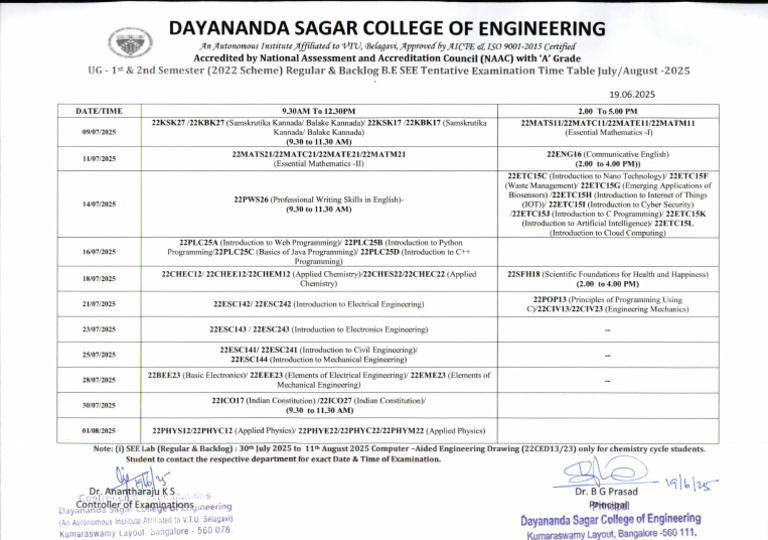 I & II Sem Time Table | PDF
