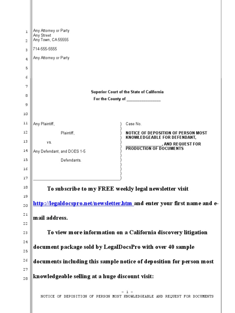 Sample Notice of Deposition for Person Most Knowledgeable in California