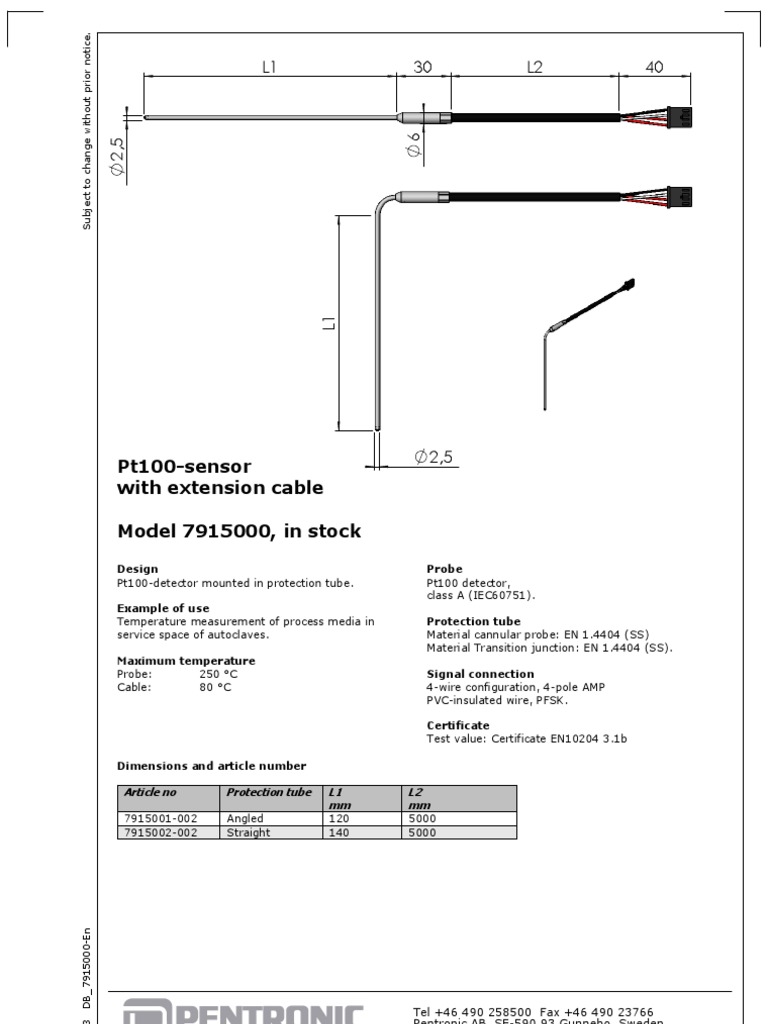 Pentronic PT100 Temperature Sensor Details | PDF