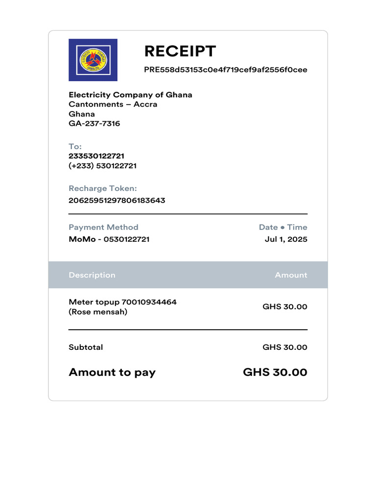 ECG Prepaid Electricity Receipt | PDF
