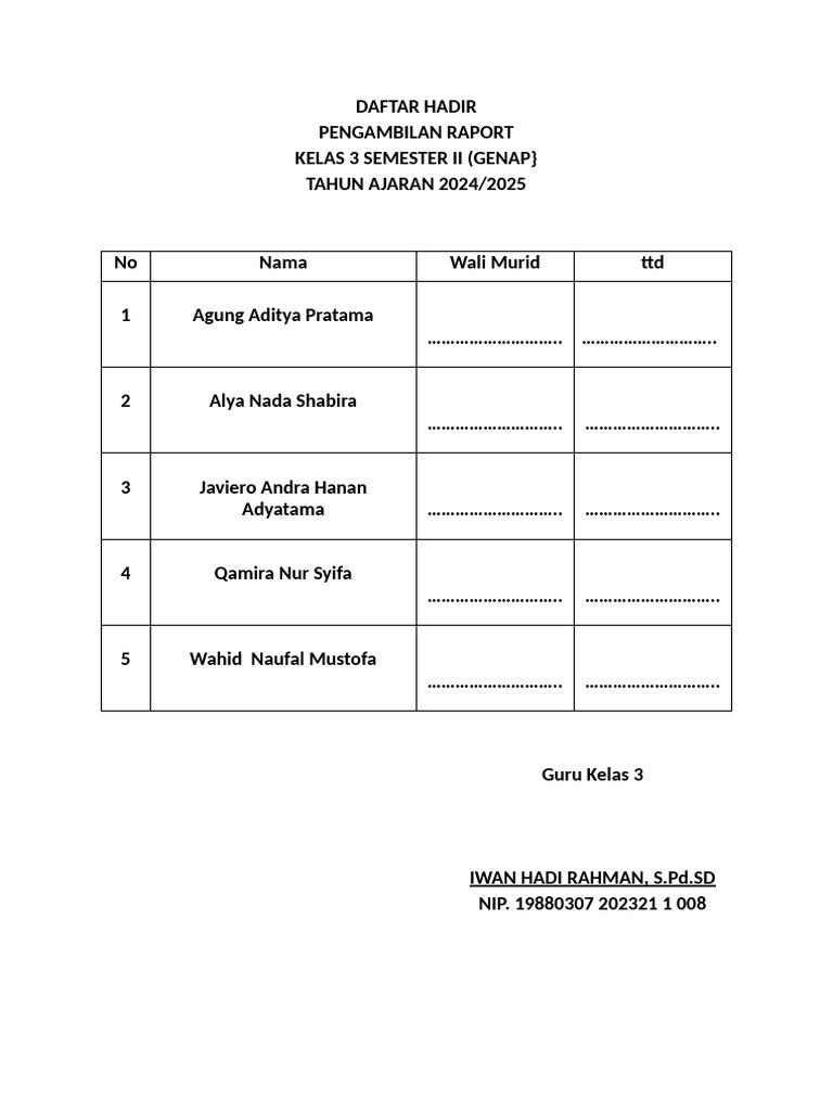 Daftar Hadir Pengambilan Raport Kelas 3 | PDF
