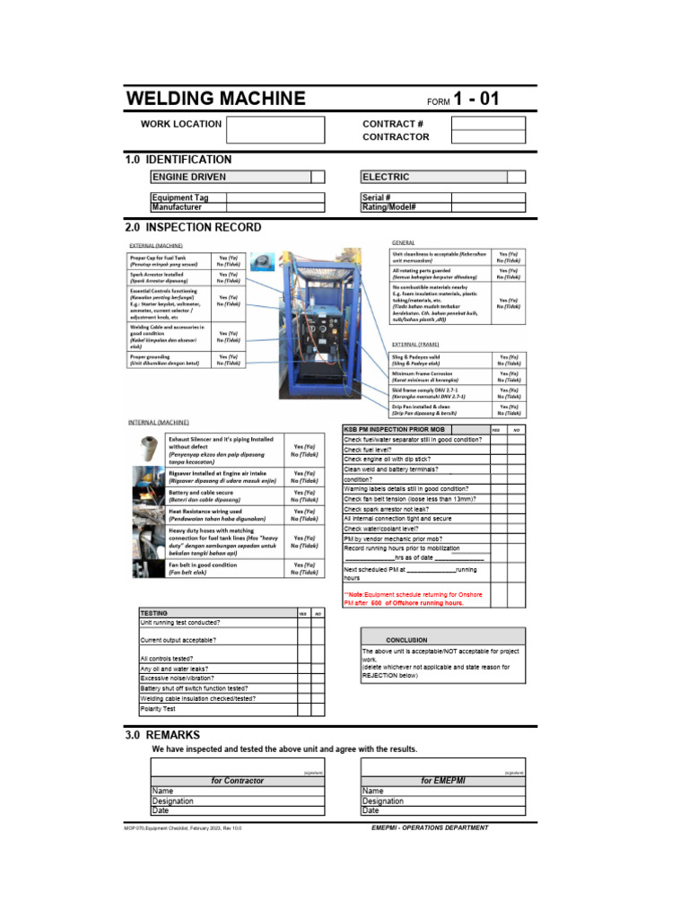 Welding Machine Inspection Checklist | PDF | Manufactured Goods ...