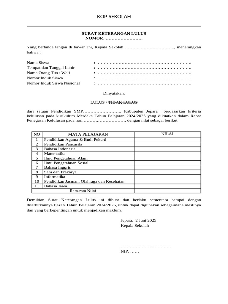 Surat Keterangan Lulus SMP 2025 | PDF
