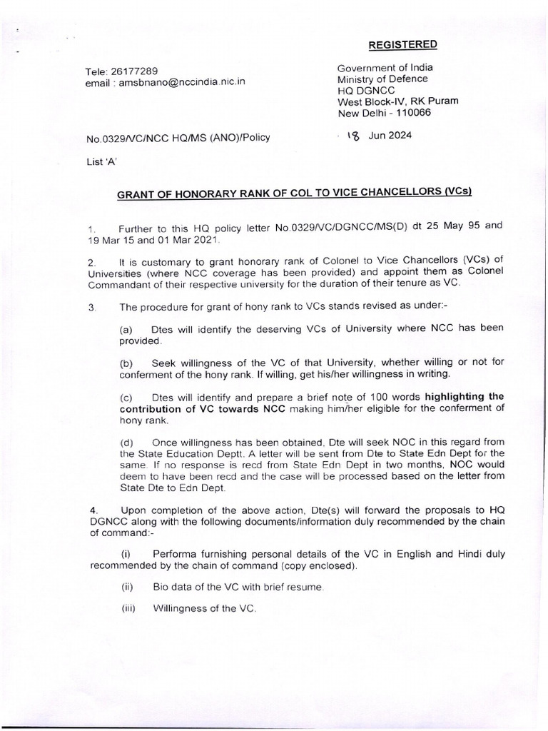 Grant of Hony Col Rank in NCC Procedure - 0001 | PDF