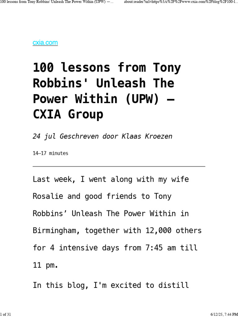 100 Lessons from UPW by Tony Robbins | PDF