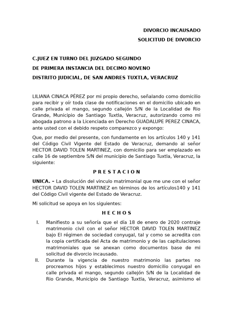 Solicitud de Divorcio Incausado en Veracruz | PDF | Divorcio ...