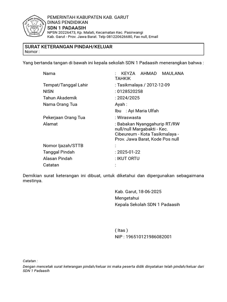 Surat Mutasi Dapodik Keyza | PDF