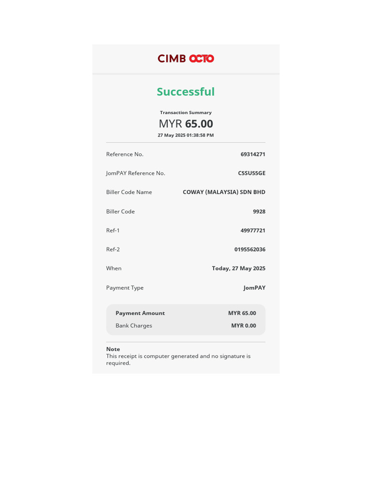 JomPAY Transaction Receipt for Coway | PDF