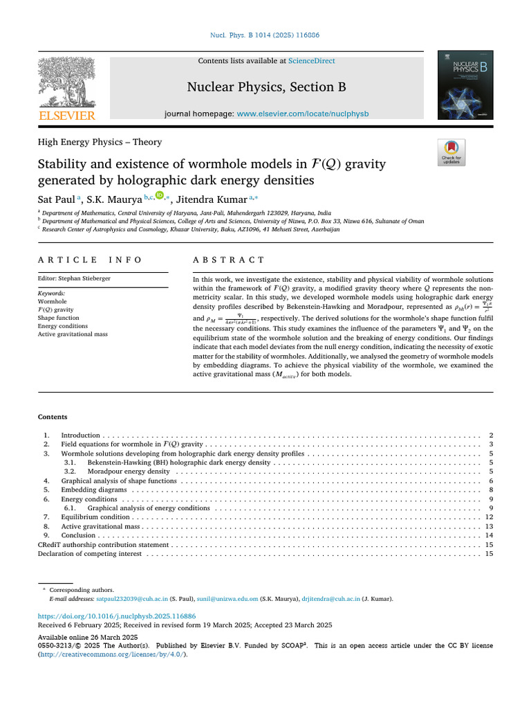 Stability and Existence of Wormhole Models in F Q Gravity Ge 2025 ...