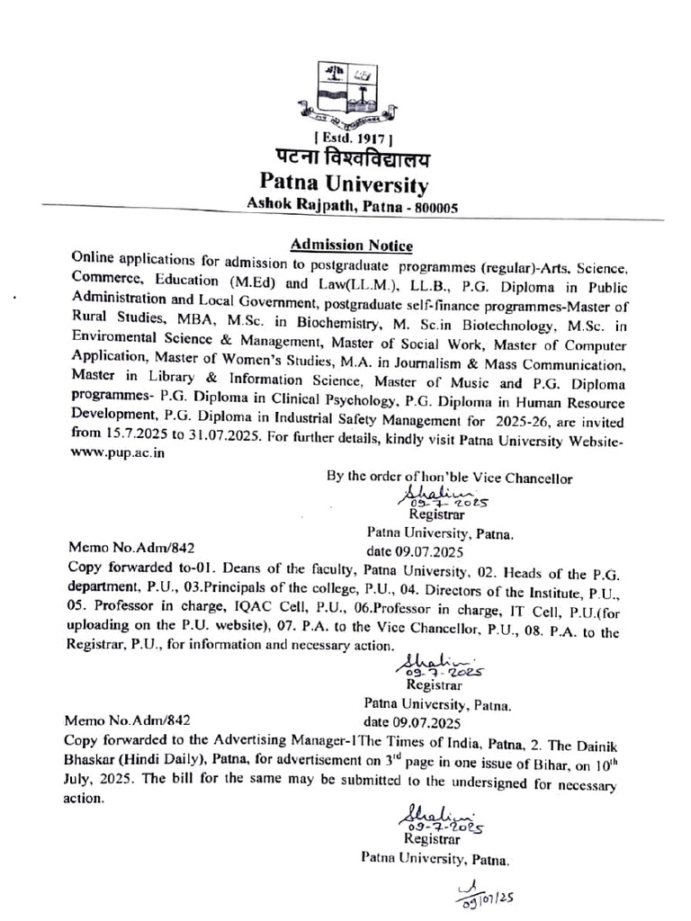 Patna University PG Admission Notice 2025 | PDF | Postgraduate ...