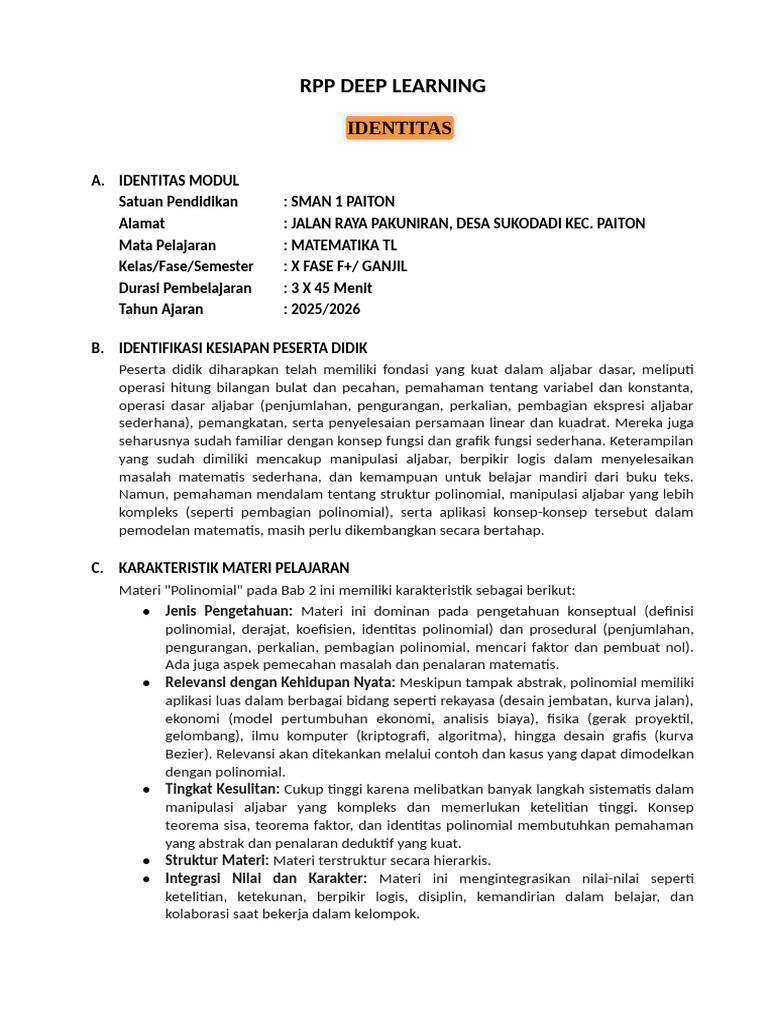 RPP Deep Learning Polinomial Kelas X | PDF