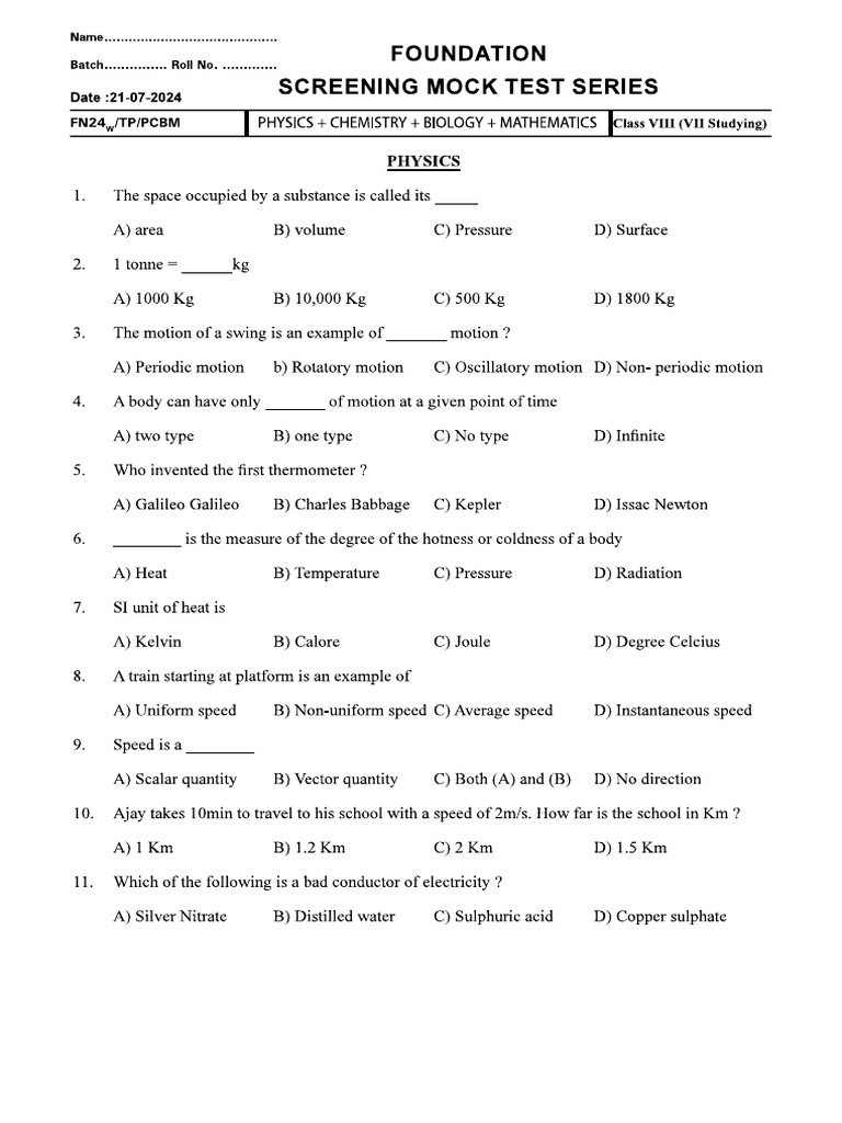 Mock Test Class VIII VII Studying 21-07-24 PDF | PDF
