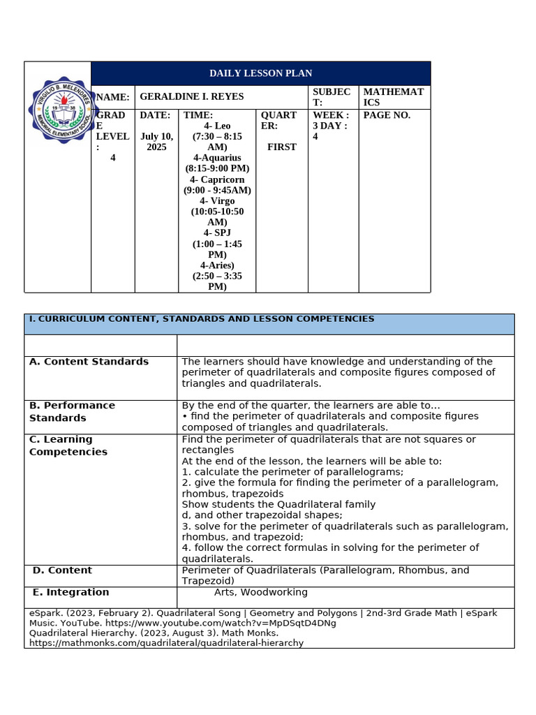 4th Grade Math Lesson Plan: Perimeter | PDF | Elementary Geometry ...