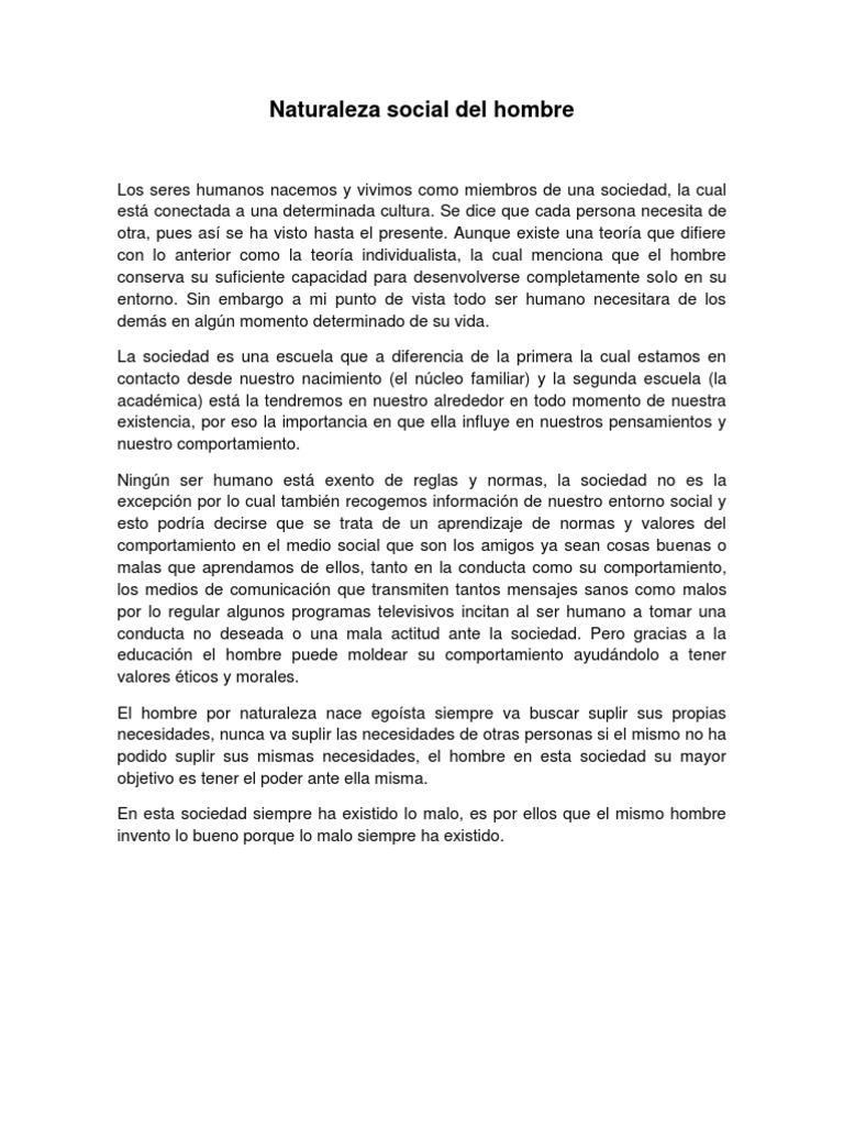 Ensayo de Naturaleza Social Del Hombre Comportamiento