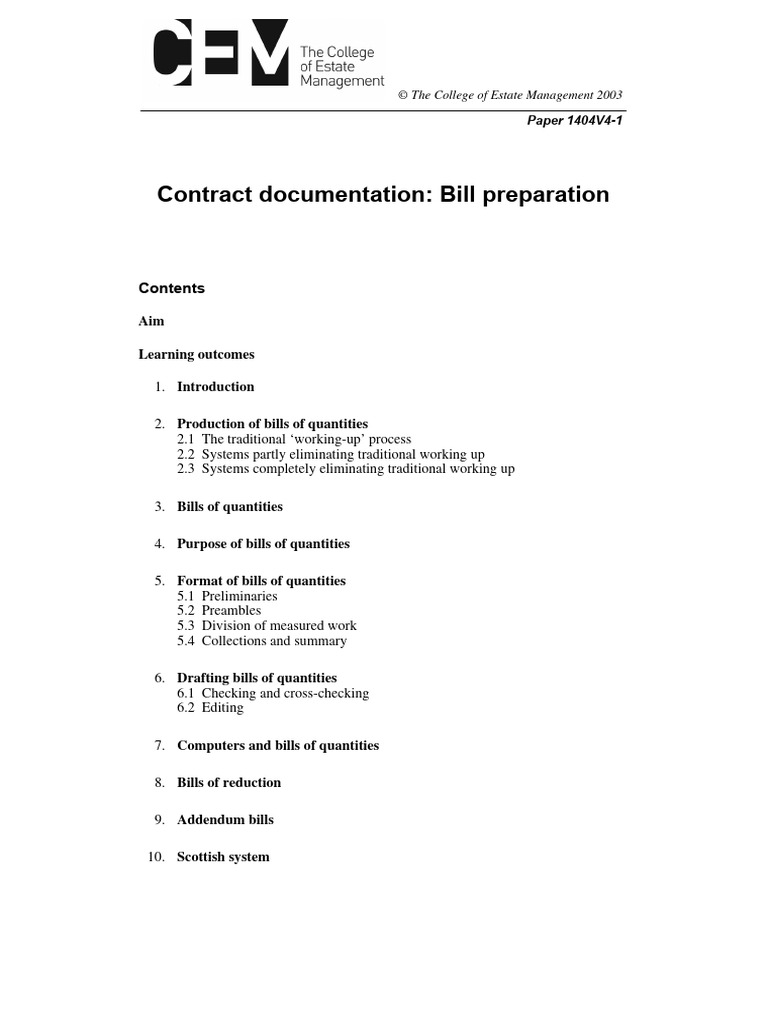 Bill Preparation and Quantity Documentation | PDF | Specification ...