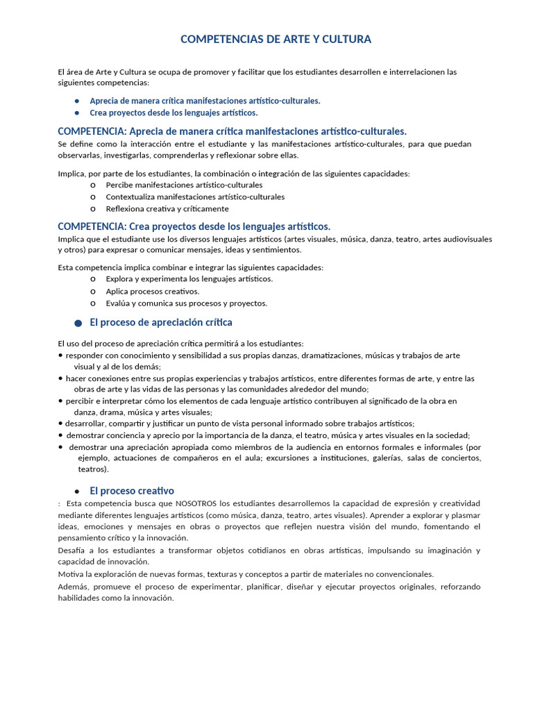 Competencias en Arte y Cultura | PDF | Bailes | Educación en artes visuales