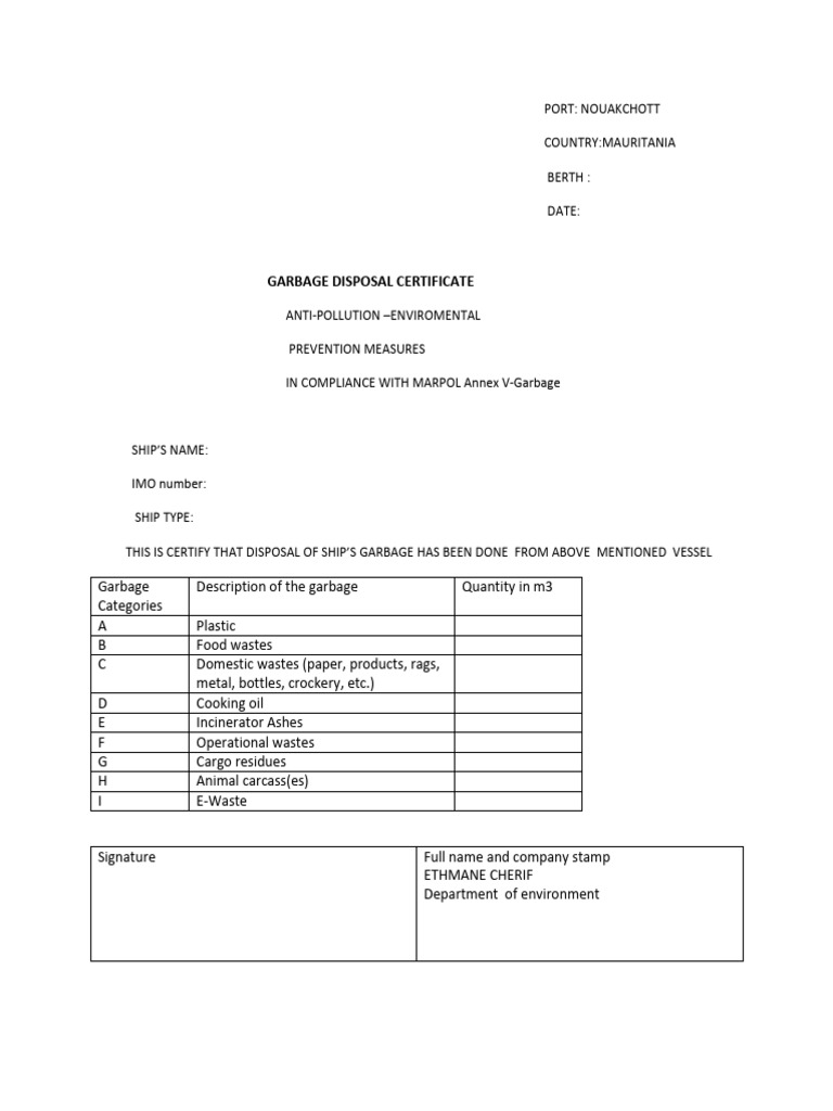 Garbage Disposal Certificate - Nouakchott | PDF
