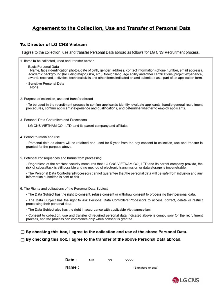 Agreement To The Collection, Use and Transfer of Personal Data | PDF ...