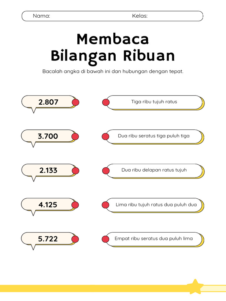 Membaca Bilangan Ribuan Lembar Kerja Kuning Merah Sederhana | PDF