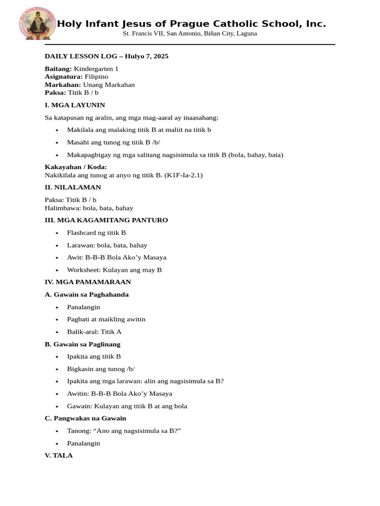 Daily Lesson Log Kinder 1 Filipino Week 2 | PDF