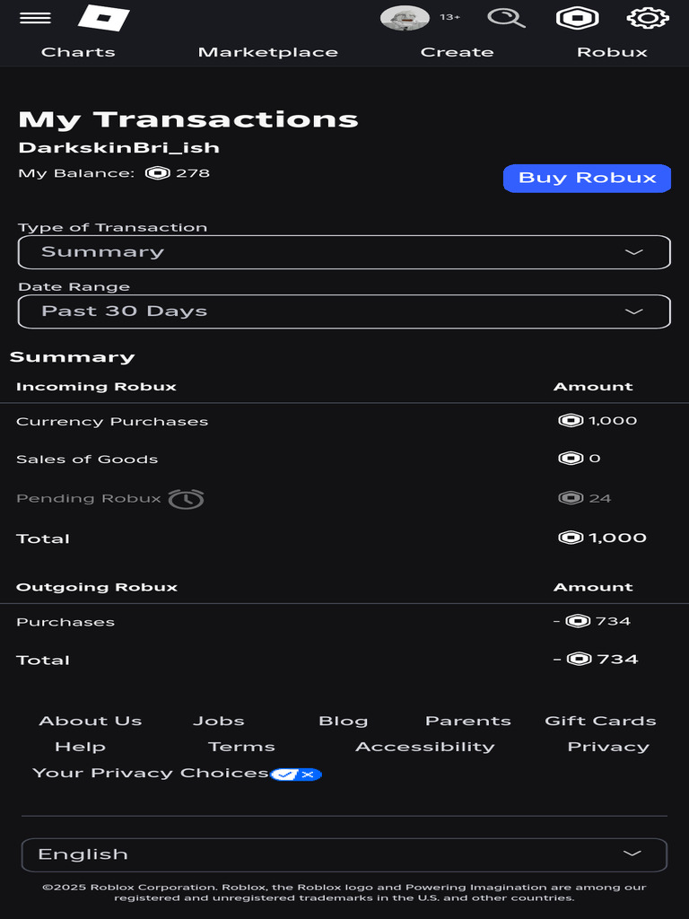 Robux Balance and Transactions Summary | PDF