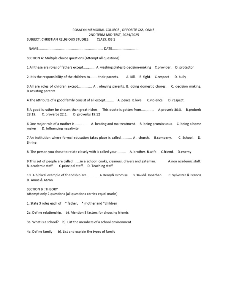 JSS1 Christian Religious Studies Test | PDF