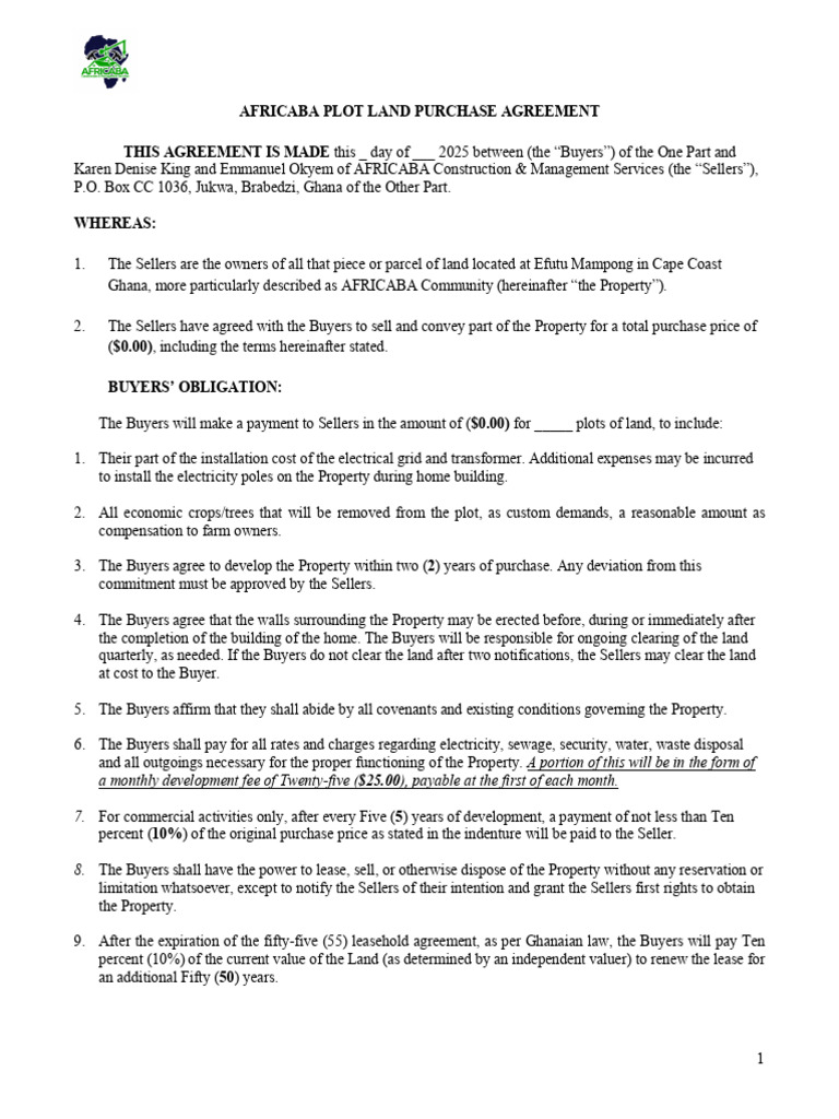 Africaba Land Purchase Agreement | PDF | Payments | Lease