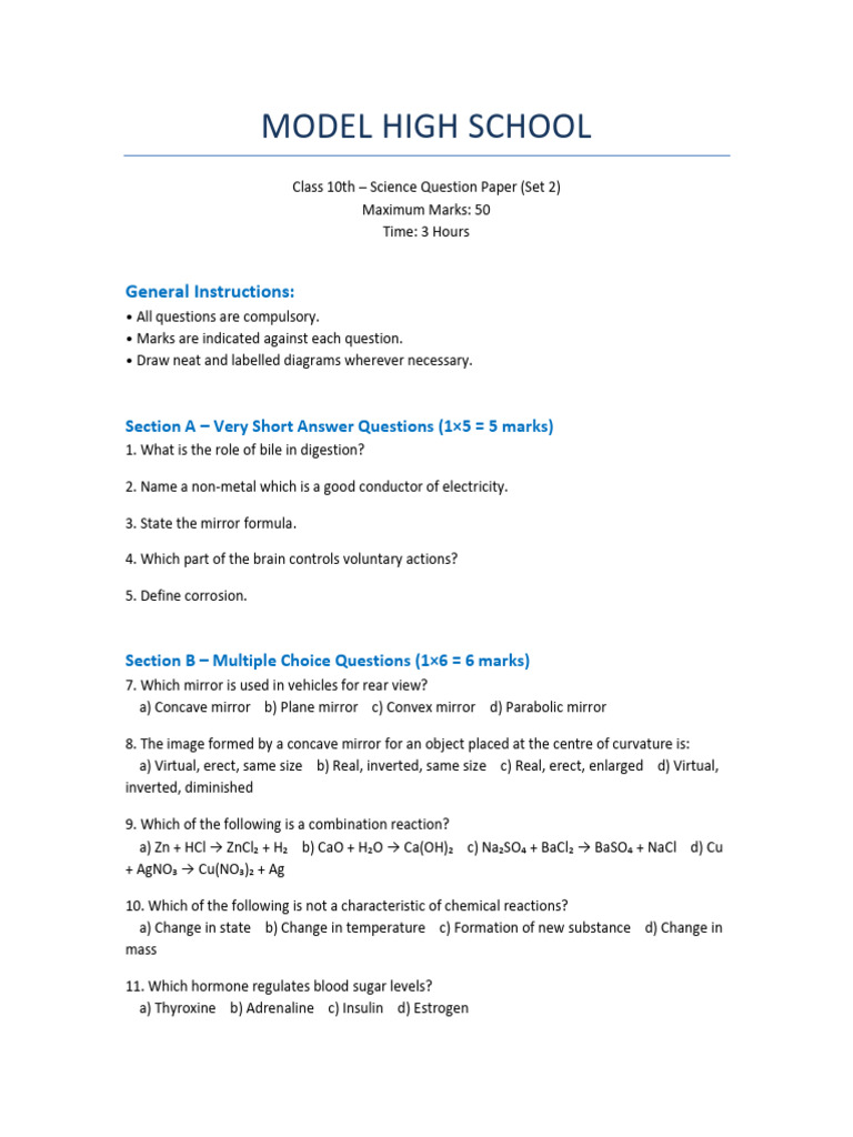 Class 10th Science Set B | PDF | Light | Optics