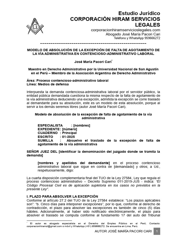 Modelo de Absolución de Excepción Administrativa | PDF | Demanda ...