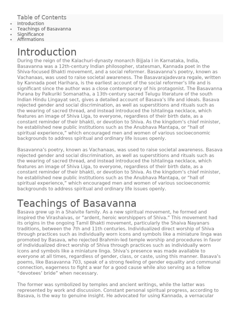 Teachings and Impact of Basavanna | PDF | Religious Faiths | Indian ...
