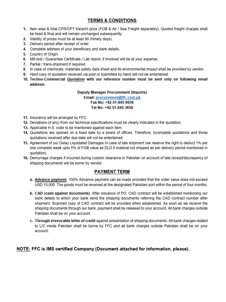 FFC Procurement Terms & Conditions | PDF | Letter Of Credit