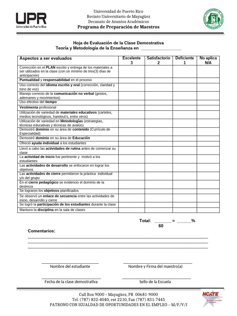 Evaluación Clase Demostrativa UPRM | PDF | Plan de estudios | Teoría de ...