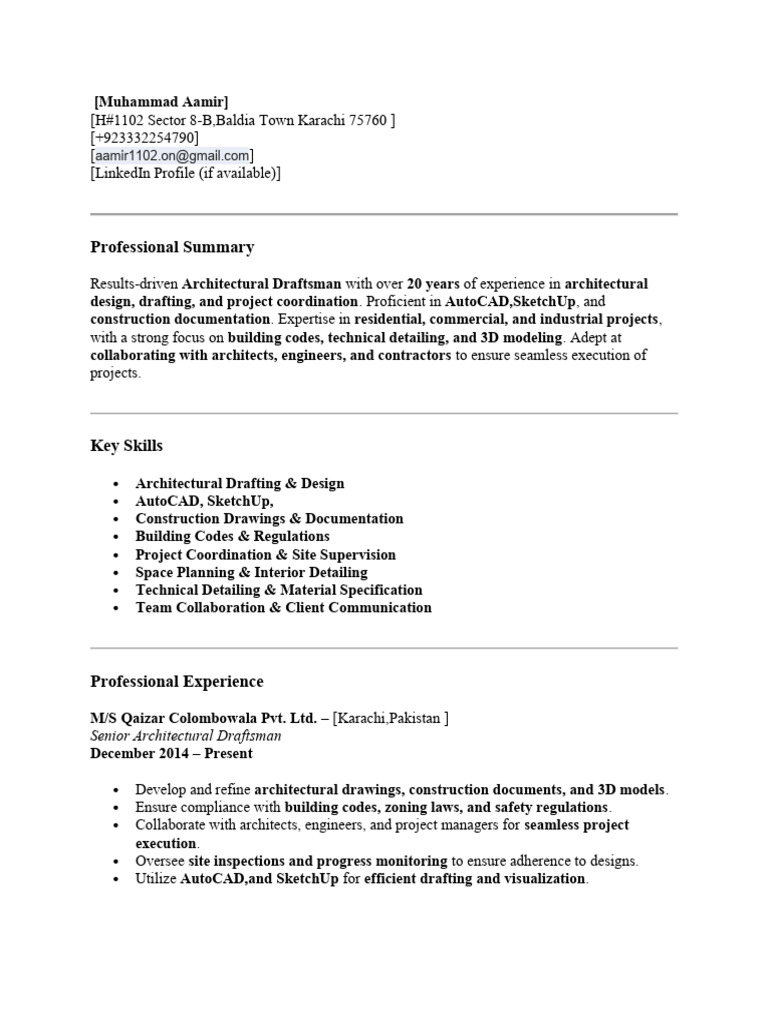 Senior Architectural Draftsman Profile | PDF | Technical Drawing
