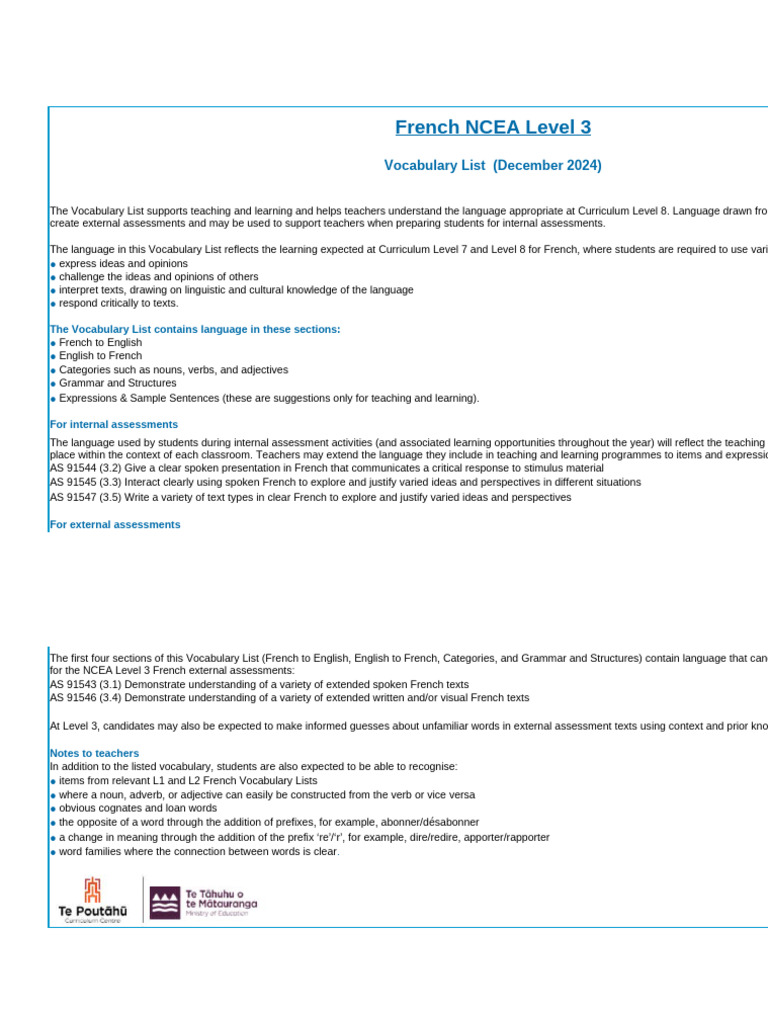 NCEA Level 3 French Vocabulary Guide | PDF | French Language | Vocabulary