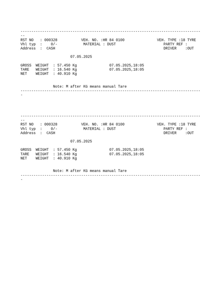 Vehicle Weight Report for Dust Load | PDF