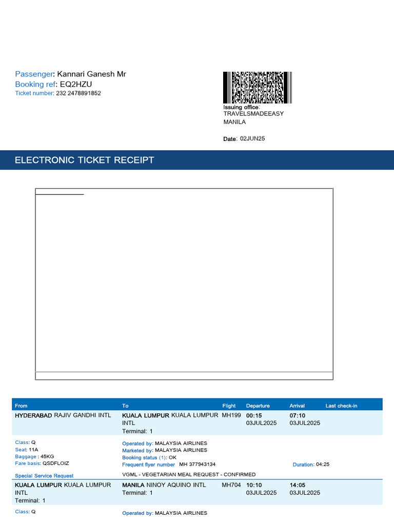 Malaysia Airlines Flight MH199 & MH704 Info | PDF | Business Class ...