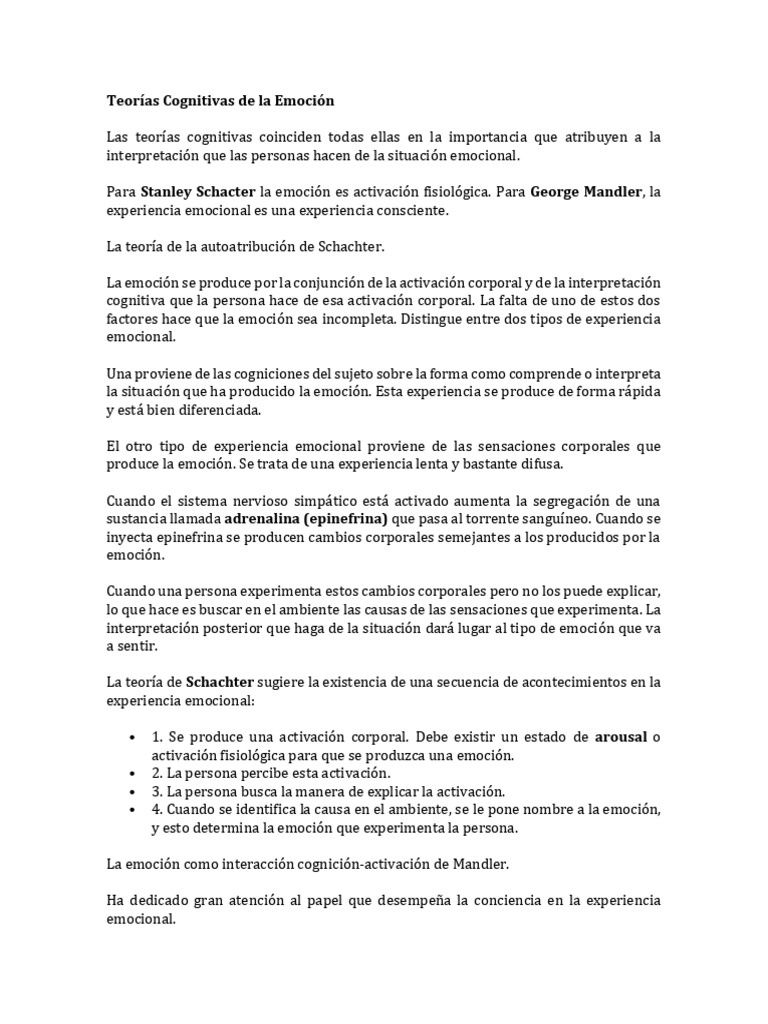 Teorías Cognitivas de la Emoción | PDF | Las emociones | Experiencia