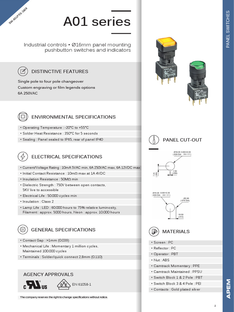 A01 Series Pushbutton Specifications | PDF | Switch | Electricity