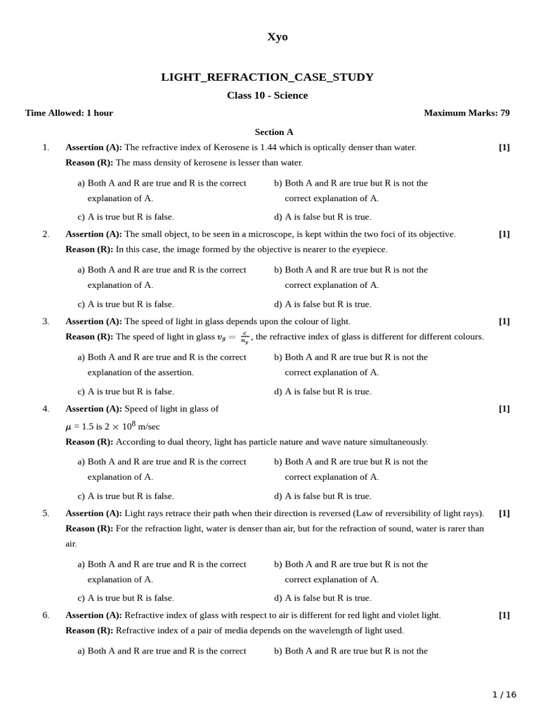 Light - Question - Refraction - Case - Study-1 | PDF | Refraction | Optics