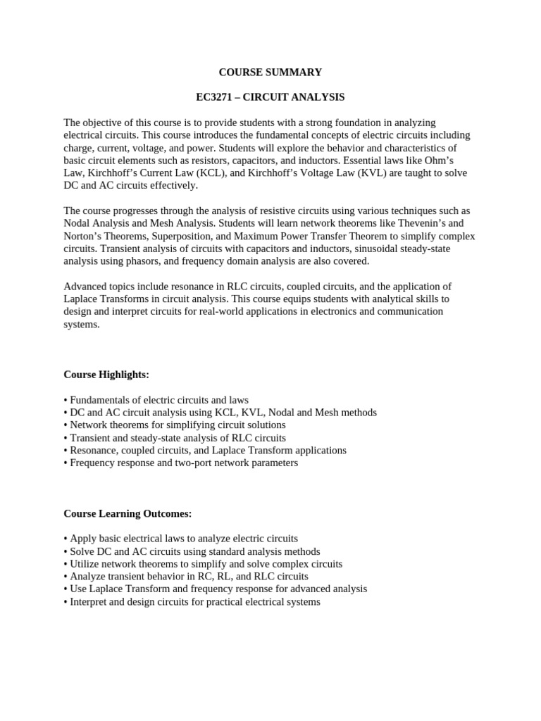 Circuit Analysis Course Overview | PDF