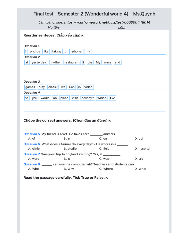 Semester 2 Final Test for Wonderful World 4 | PDF