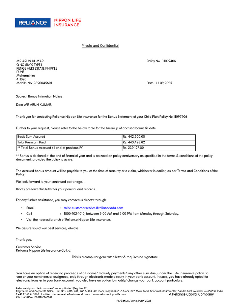 Bonus Statement for Child Plan Policy | PDF | Life Insurance | Insurance